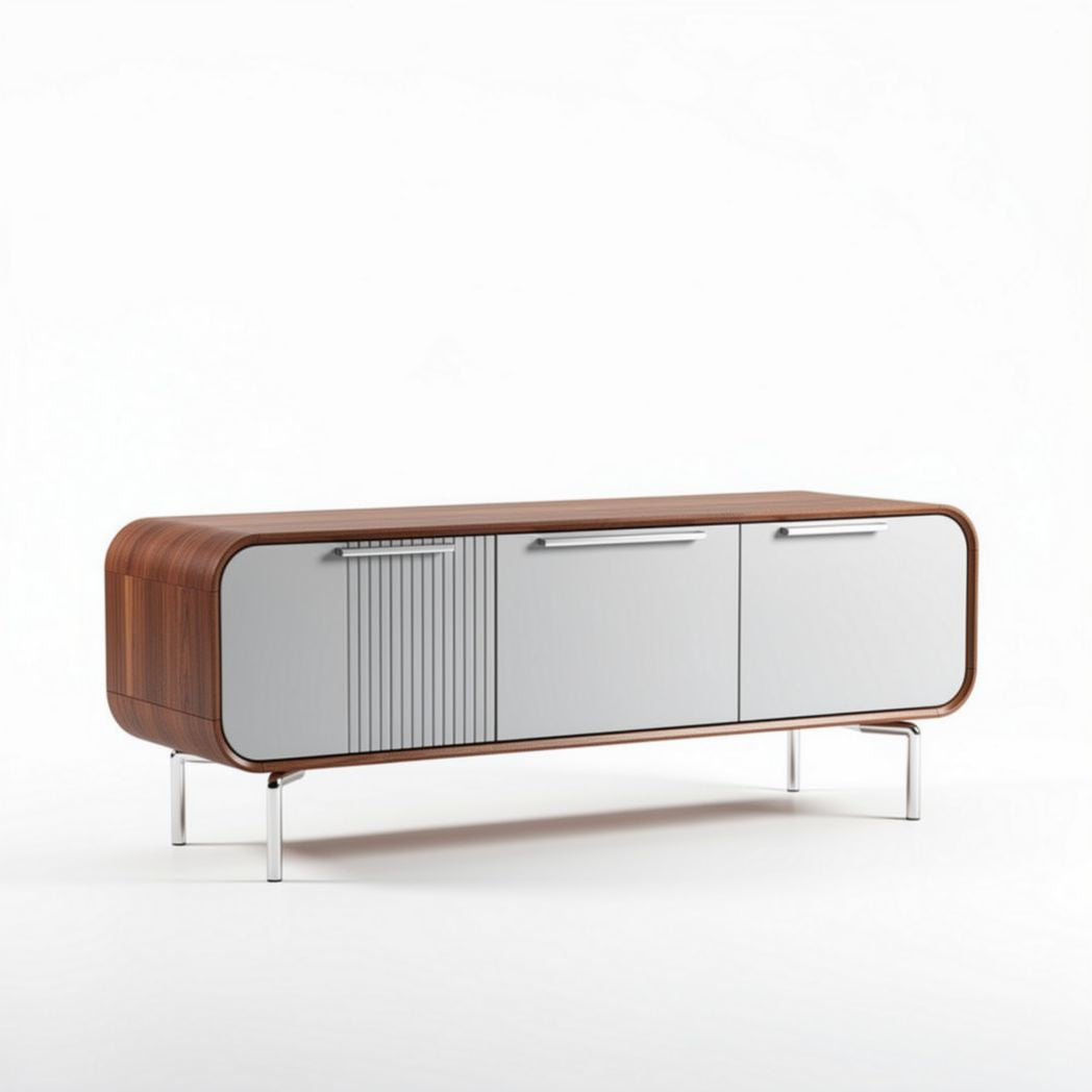 Meuble de télévision en bois et métal 150 x 45 x 70 cm avec portes coulissantes argentées