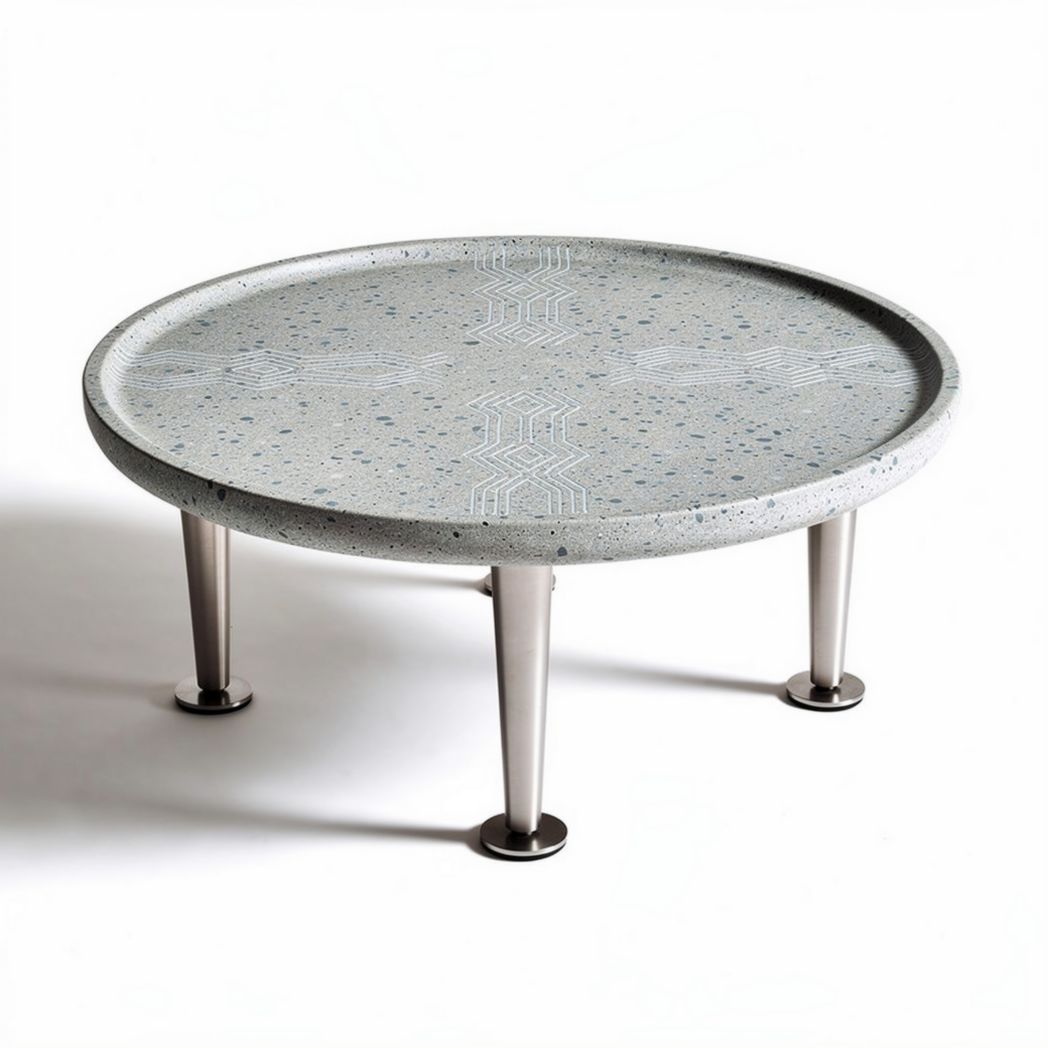 Table basse ronde en béton avec motifs 60 x 60 x 40cm et pieds en métal inoxydable