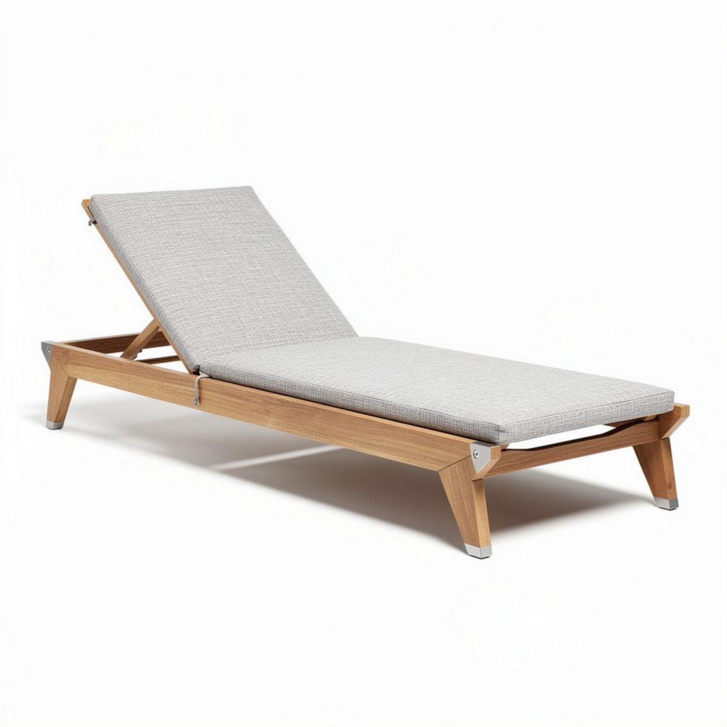 Chaise longue en bois de teck avec coussin gris 200 x 60 x 30cm