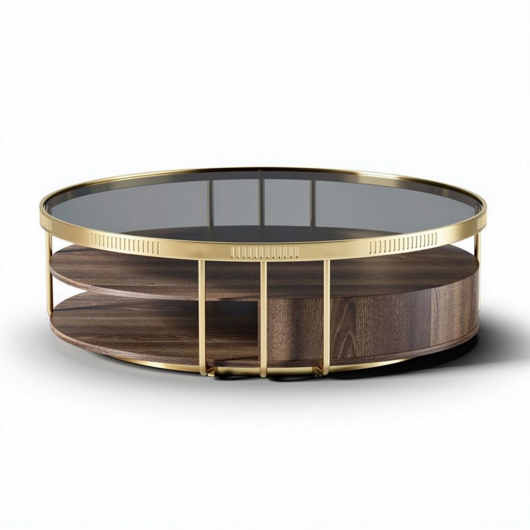 Table basse ronde en métal doré et bois avec étagère 80 x 80 x 30cm